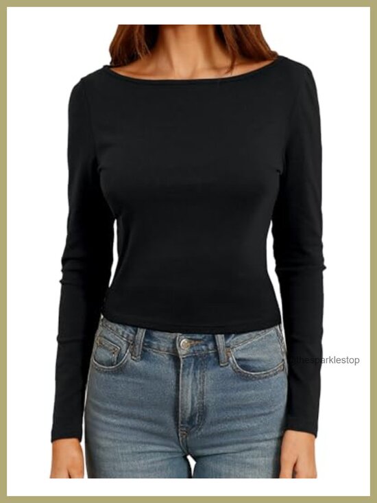 Tops - Boat Neck Long Sleeve Crop Top Ribbed Knit Cotton Stretch Tee